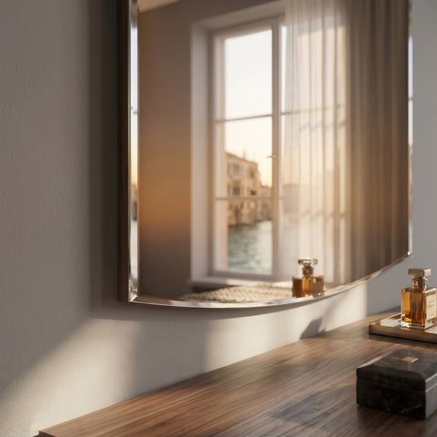 Dettaglio della specchiera contemporanea Modigliani 8275 in vero legno con cornice curva e specchio bisellato, illuminata dalla luce naturale che riflette la finestra e valorizza la qualità delle finiture artigianali, la profondità e l'eleganza dell'ambiente.