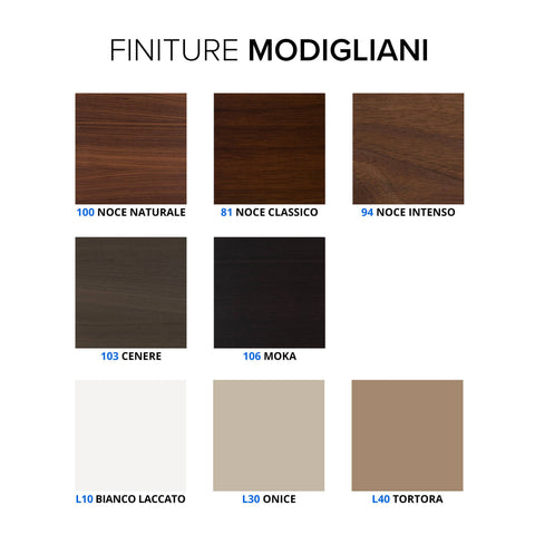 Campionario finiture della collezione Modigliani in vero legno di noce con finiture naturali, classiche, intense, moka, cenere e laccate, caratterizzate dalla naturale porosità del legno - Piombini Mobili
