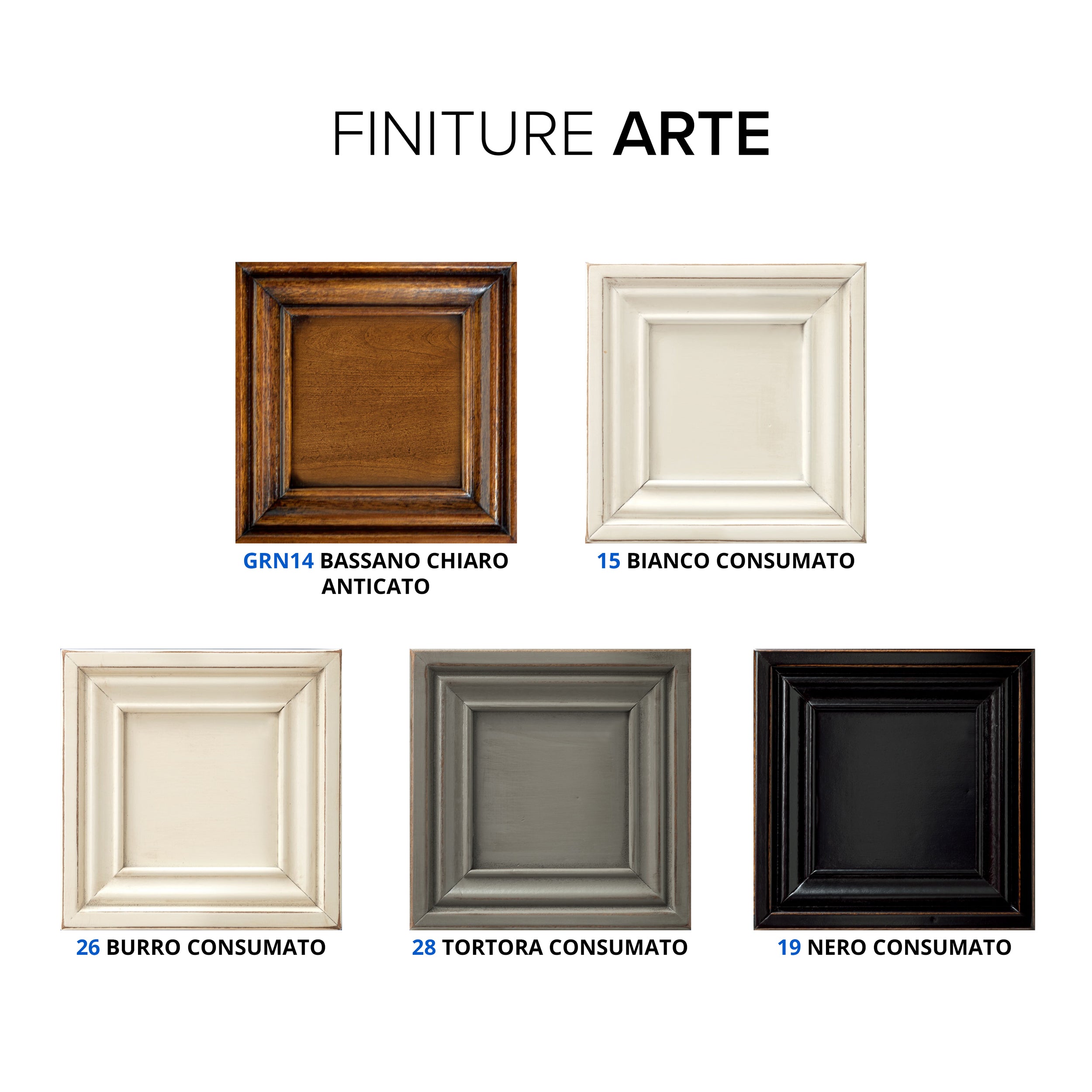 Campionario finiture legno classiche Piombini con lavorazioni artigianali: GRN14 Bassano Chiaro Anticato, 15 Bianco Consumato, 26 Burro Consumato, 28 Tortora Consumato e 19 Nero Consumato