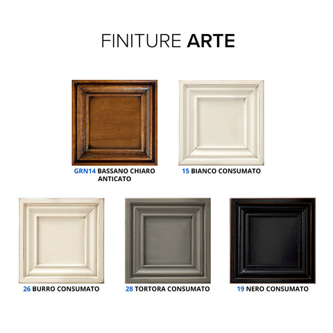 Campionario finiture legno classiche Piombini con lavorazioni artigianali: GRN14 Bassano Chiaro Anticato, 15 Bianco Consumato, 26 Burro Consumato, 28 Tortora Consumato e 19 Nero Consumato
