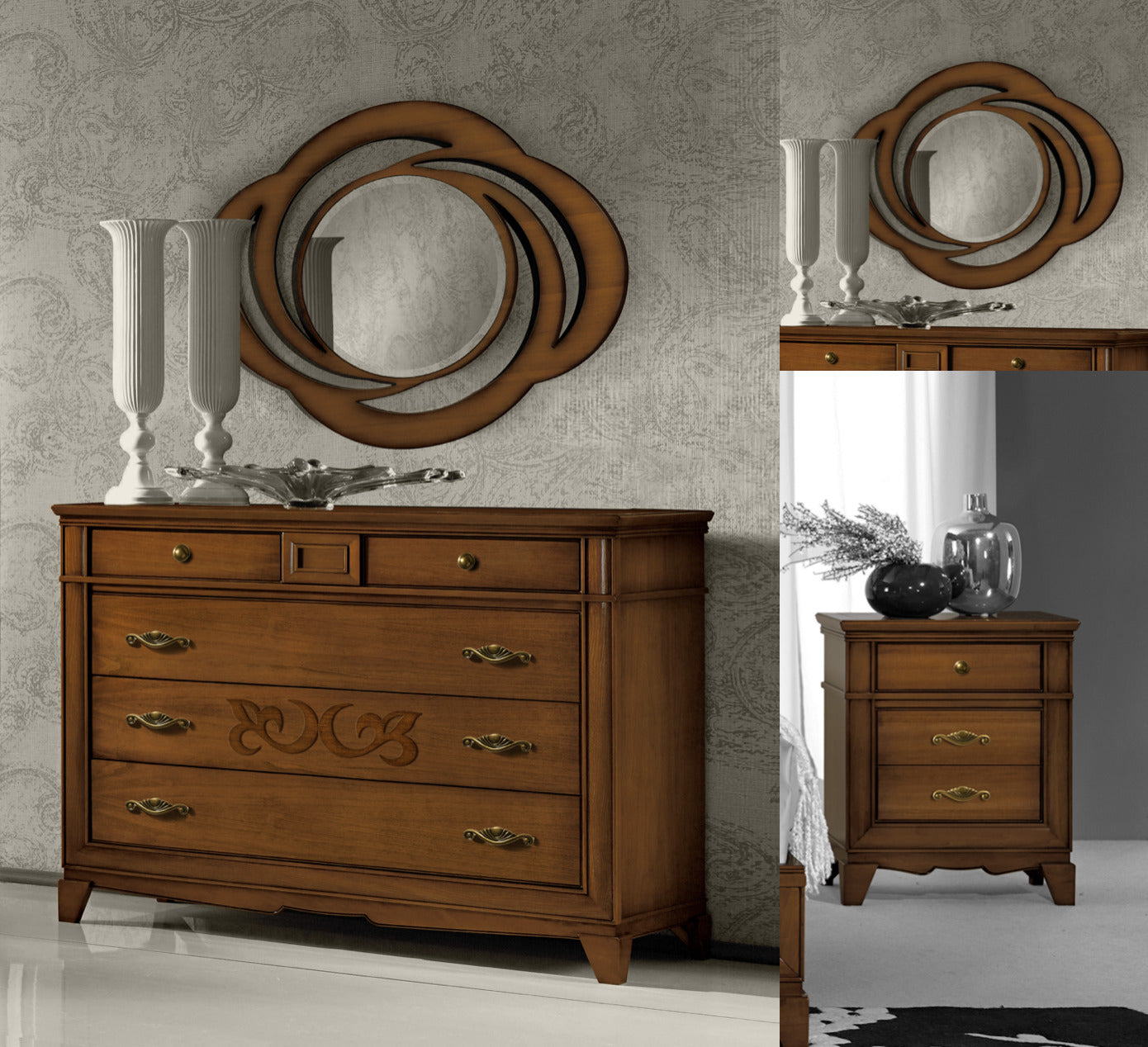 Gruppo comò e comodini classico in ciliegio collezione D'Este con decori in noce canaletto e specchiera coordinata in regalo - Piombini Mobili - GRU04