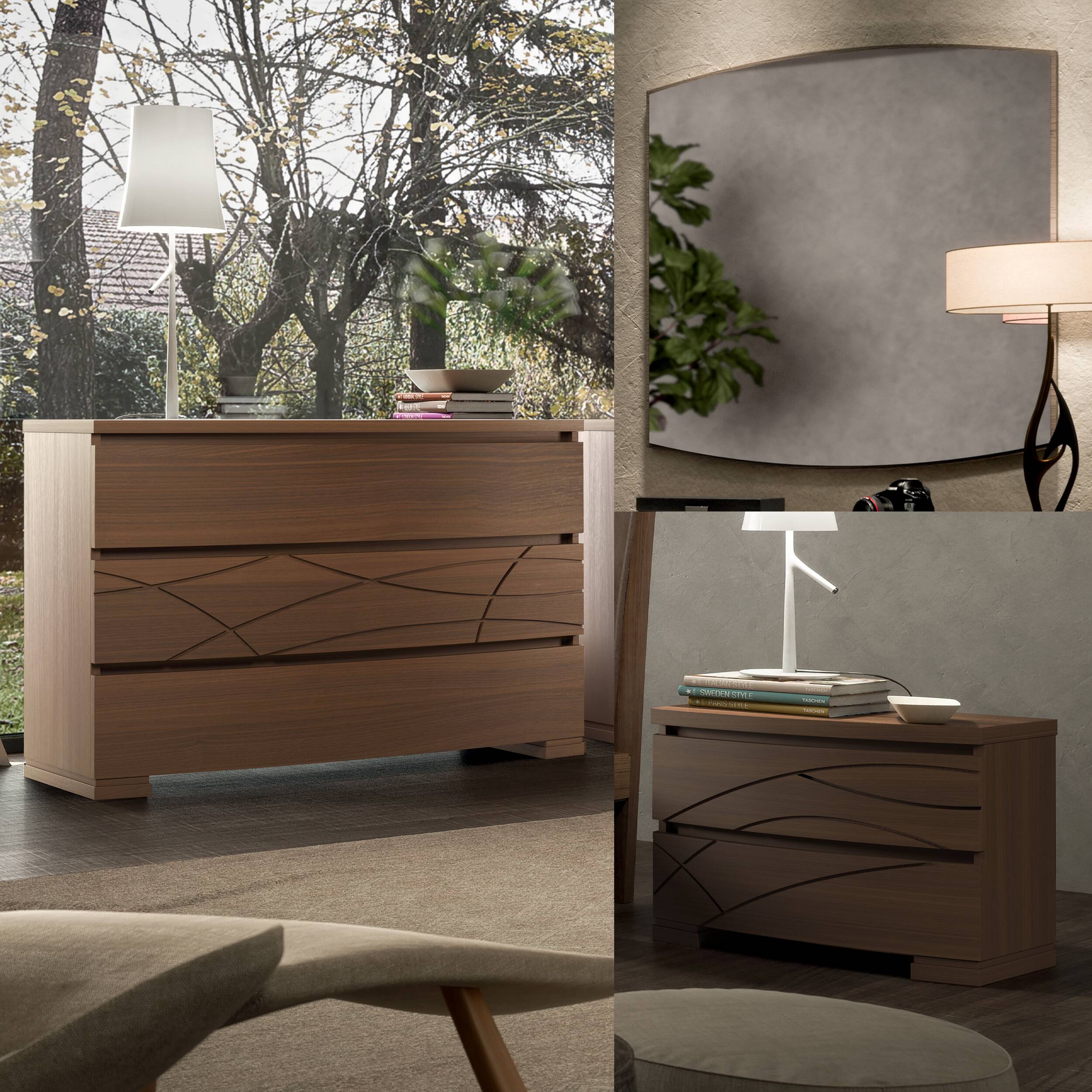 Gruppo comò e comodini contemporaneo in noce Modigliani con intaglio Comete, specchiera coordinata in regalo e design sagomato - Piombini Mobili - GRU05