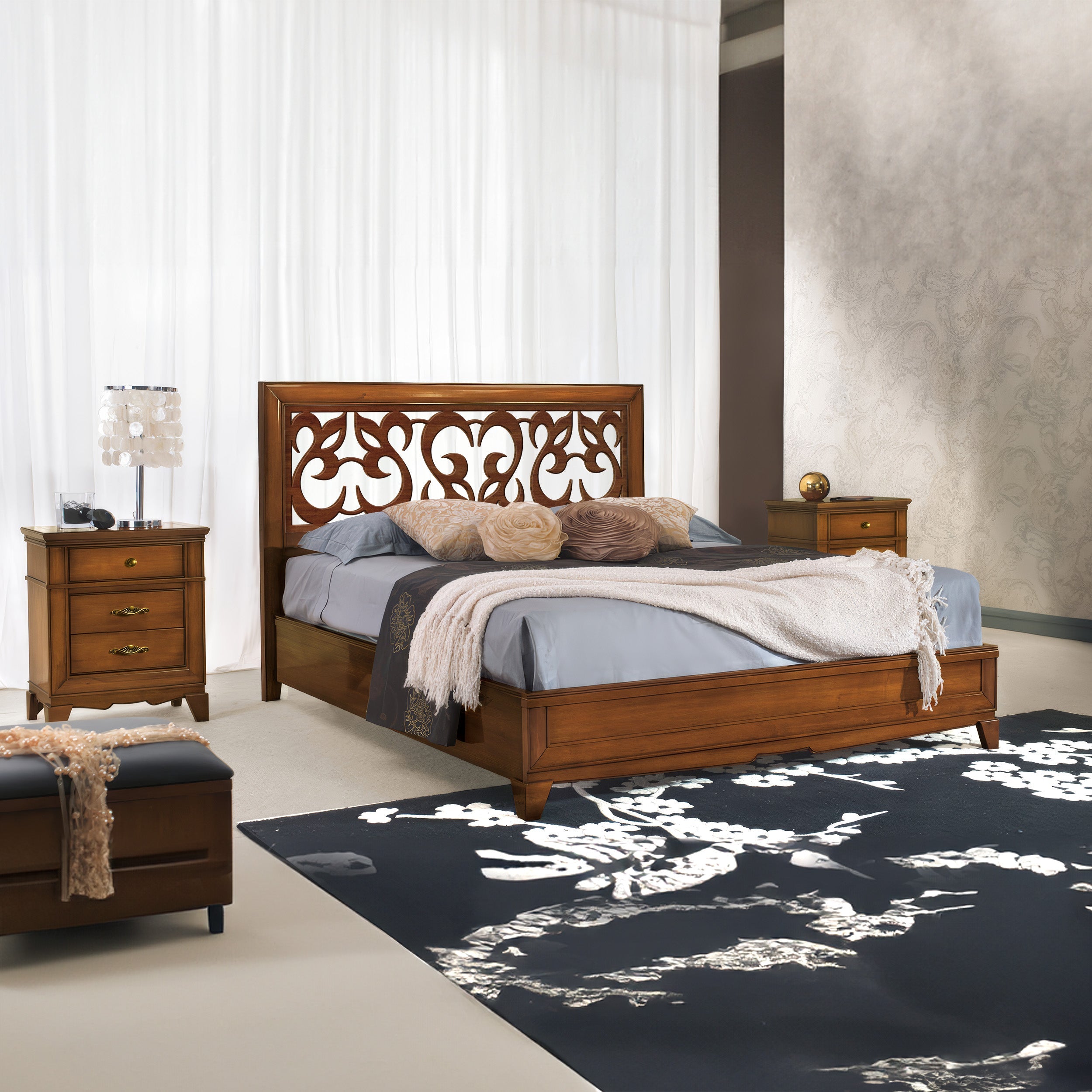 Classic double bed in wood with perforated headboard L 194 D 211 cm Arte D'Este Piombini Collection