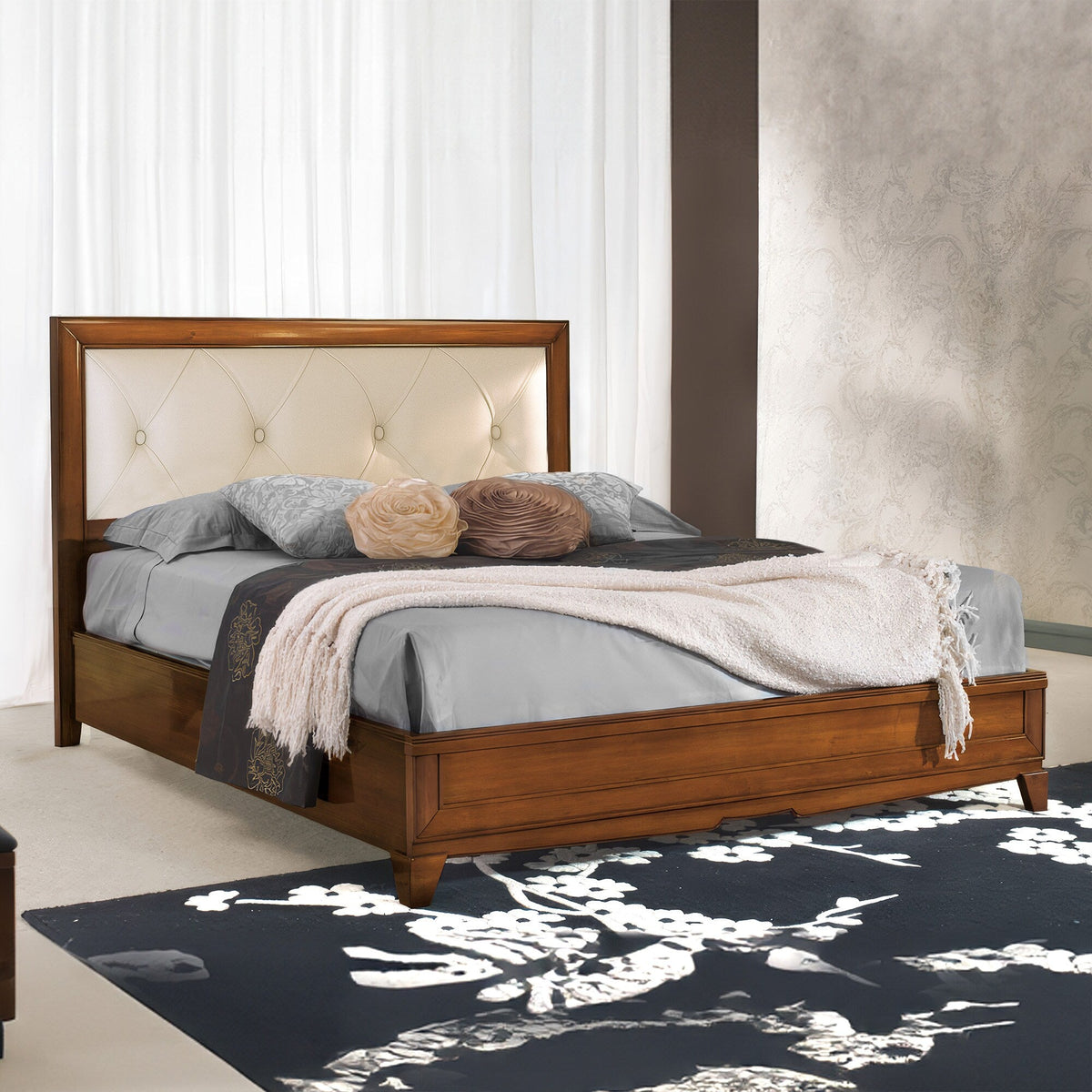 Letto Matrimoniale Classico KING SIZE in Legno e Pelle con Box Contenitore L 194 P 211 cm  Collezione Arte D'Este Piombini