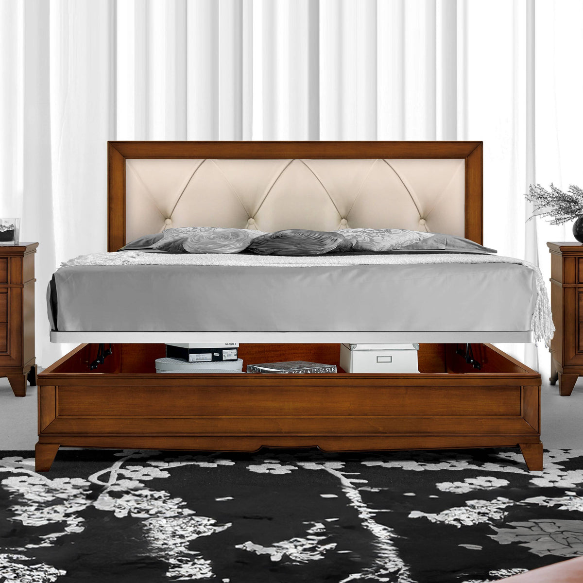 KING SIZE Classic Double Bed in Wood and Leather with Storage Box W 194 D 211 cm Collezione Arte D'Este Piombini