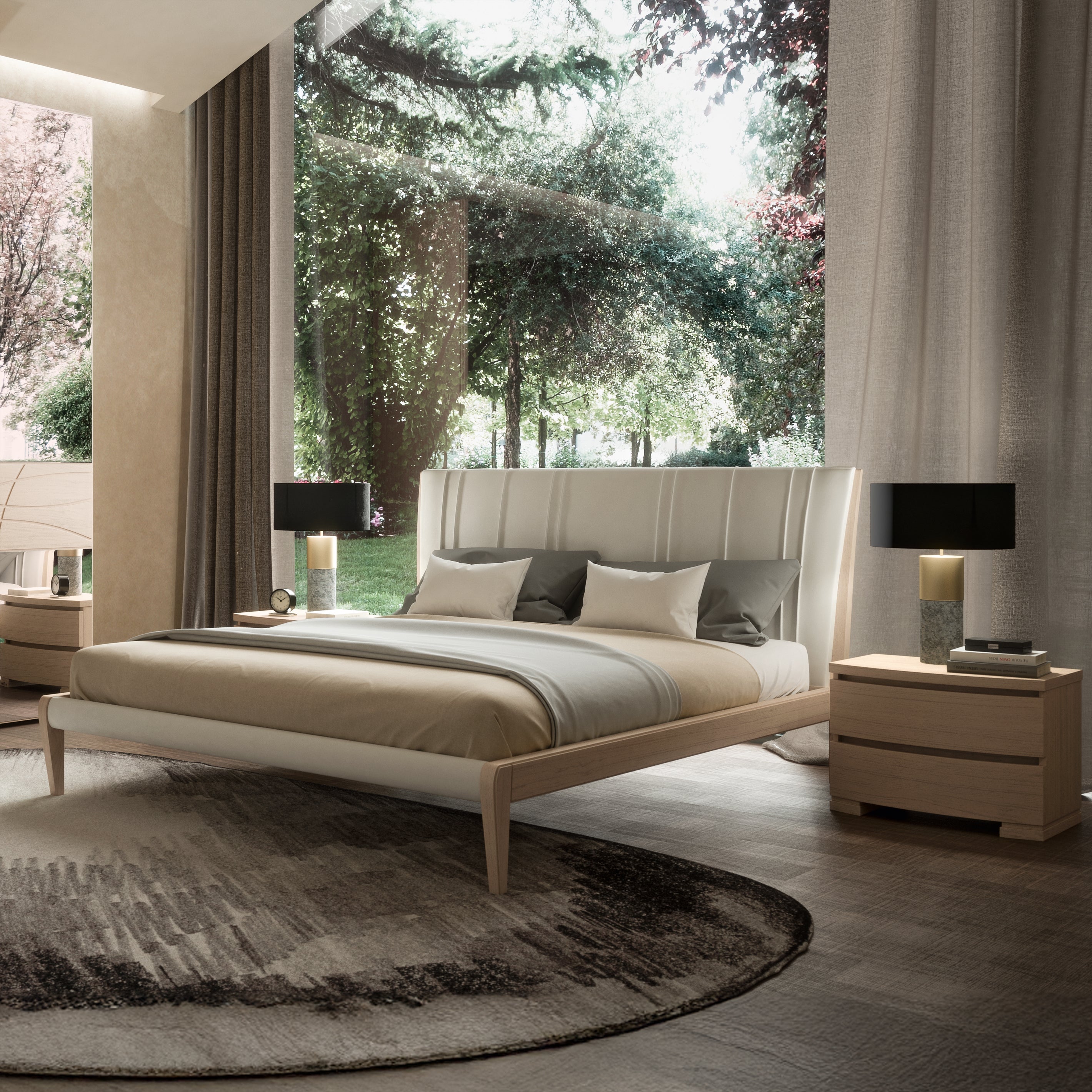 Letto matrimoniale in legno con testiera imbottita in pelle tortora, collezione Modigliani, ambientato in una camera elegante con mobili coordinati in noce canaletto. 