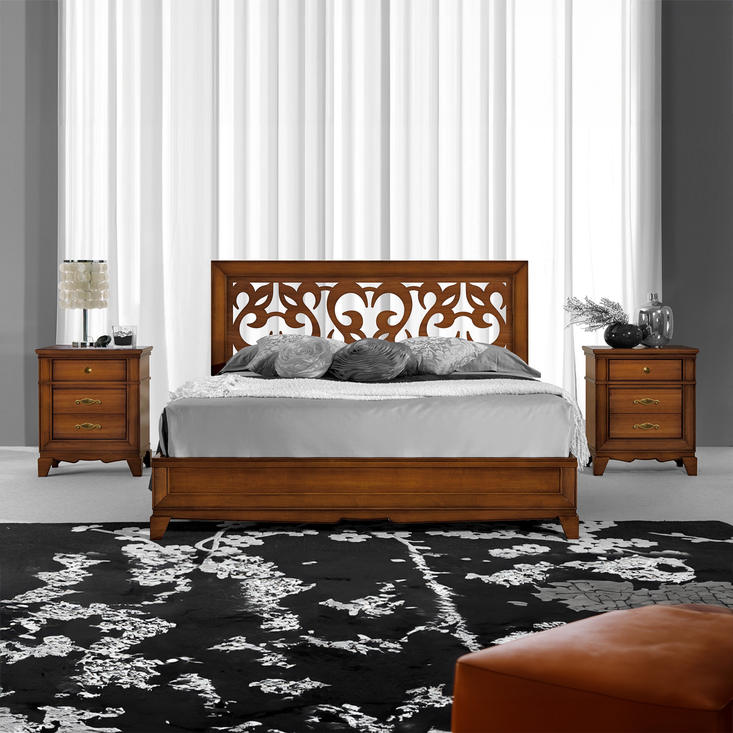 Classic double bed in wood with perforated headboard Arte d'Este Piombini collection