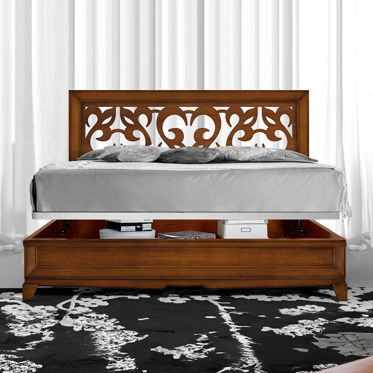 Klassisches KING-SIZE-Doppelbett aus Holz mit Aufbewahrungsbox, perforiertes Kopfteil, L 194 T 211 cm, Arte D'Este Piombini-Kollektion