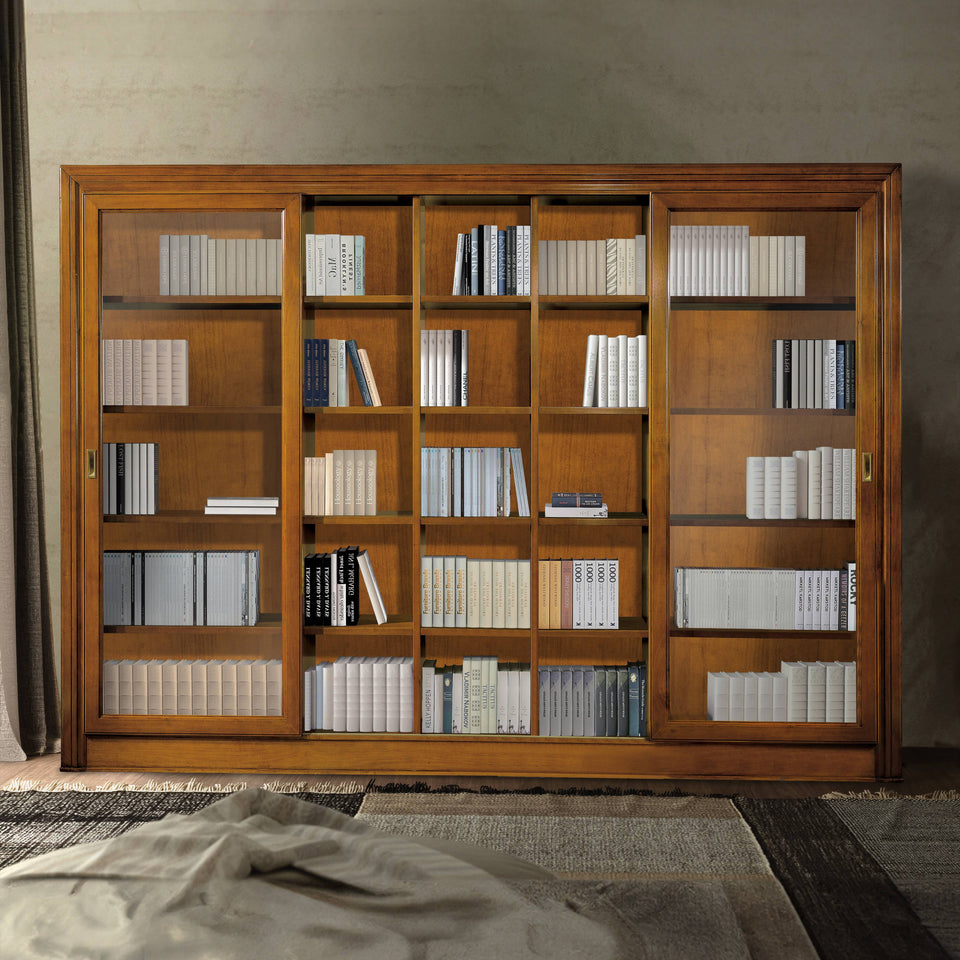 Klassisches Bücherregal mit zwei Schiebetüren aus Glas in Kirschholz, Arte D'Este Piombini