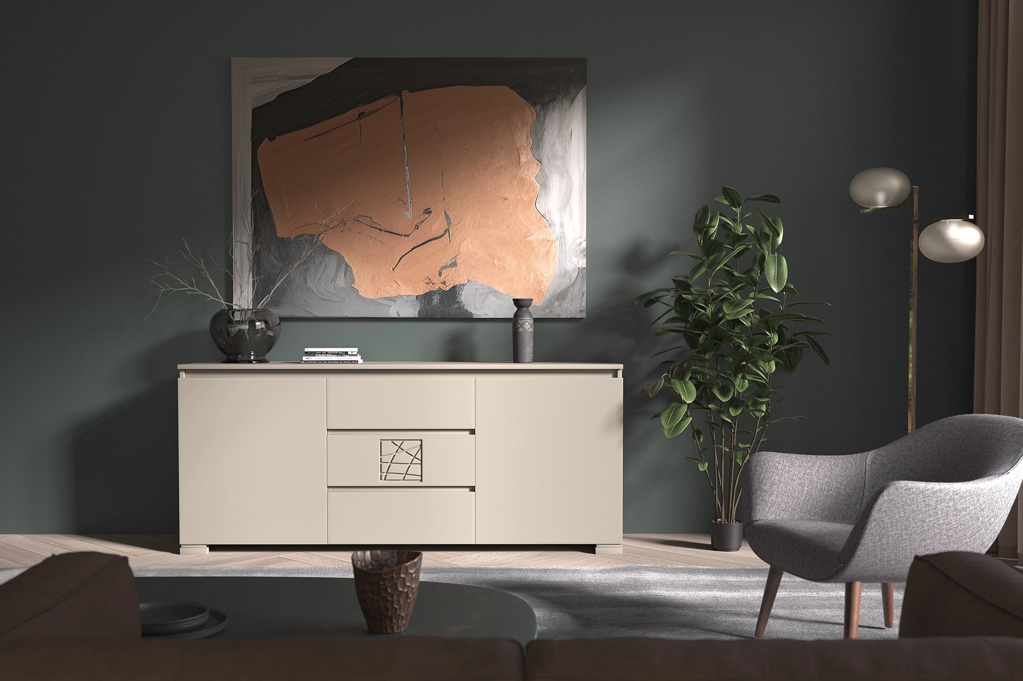 Modernes Sideboard L 198 aus Walnussholz und Marmor, Kollektion Modigliani Piombini