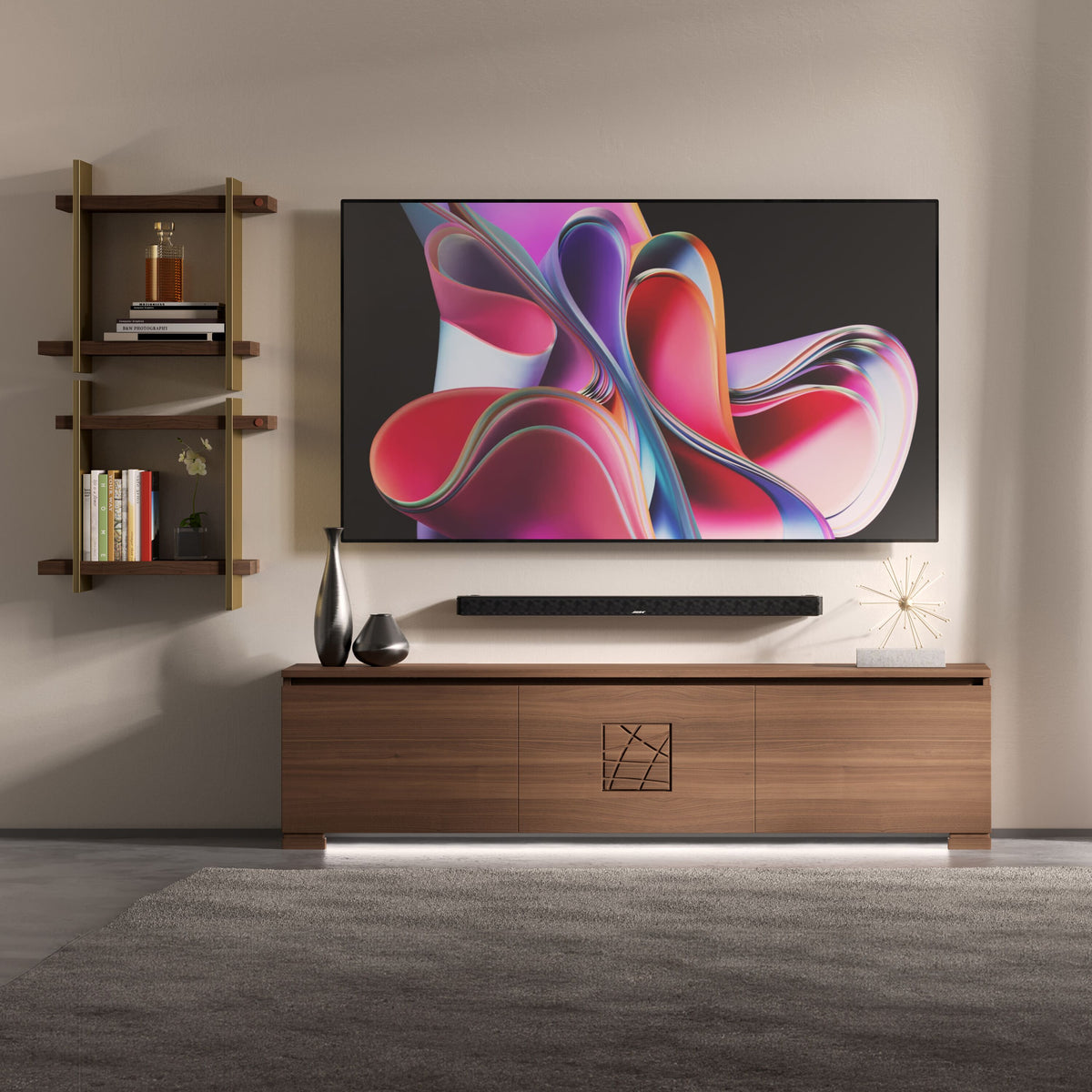 Mueble TV moderno L 198 en madera de nogal y mármol, colección Modigliani Piombini