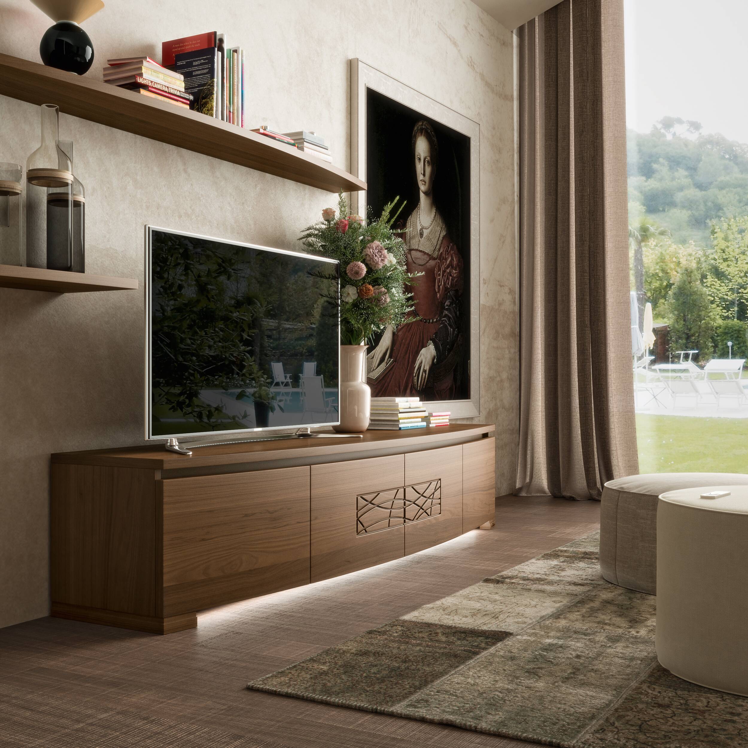 Mobile TV Modigliani 4 porte sagomato in legno di noce con decoro Comete centrale e illuminazione LED integrata, inserito in ambiente living contemporaneo