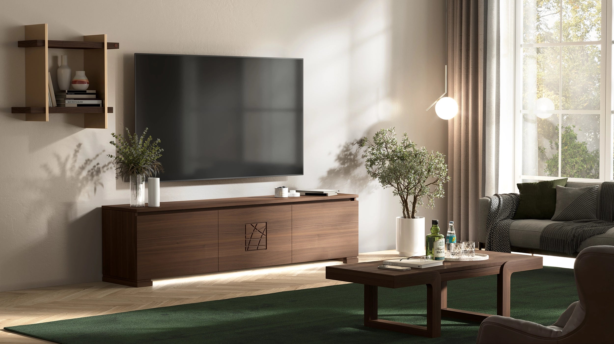 Mueble TV moderno L 198 en madera de nogal y mármol, colección Modigliani Piombini
