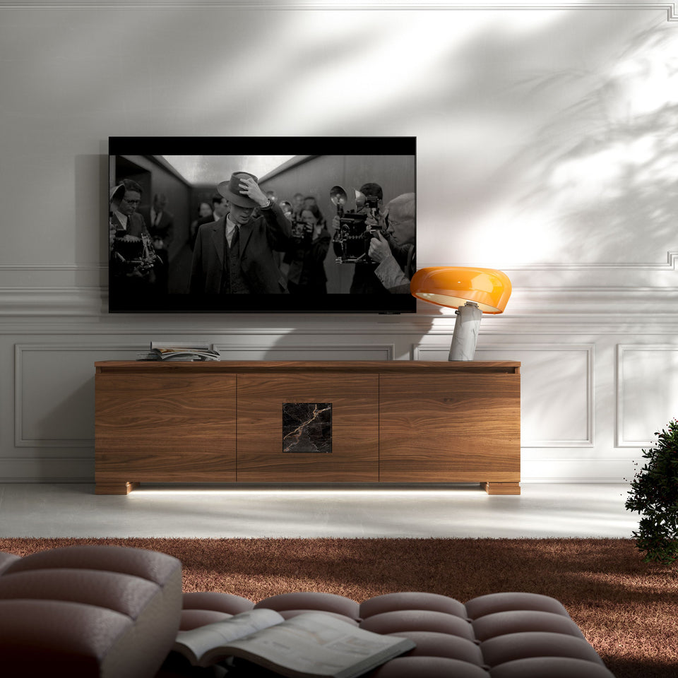Modigliani TV cabinet in Natural Walnut 100 with Port Saint Laurent Marble Insert, three doors, modern and elegant design, paired with orange Flos Snoopy lamp