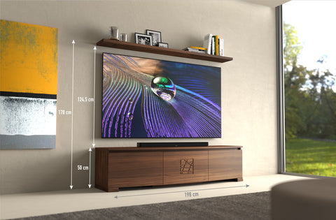 Mobile TV moderno sagomato in legno di noce L 198 cm collezione Modigliani Piombini 8206F COMP14 Sony 83″_XR83A90J Bose Smart Soundbar 900