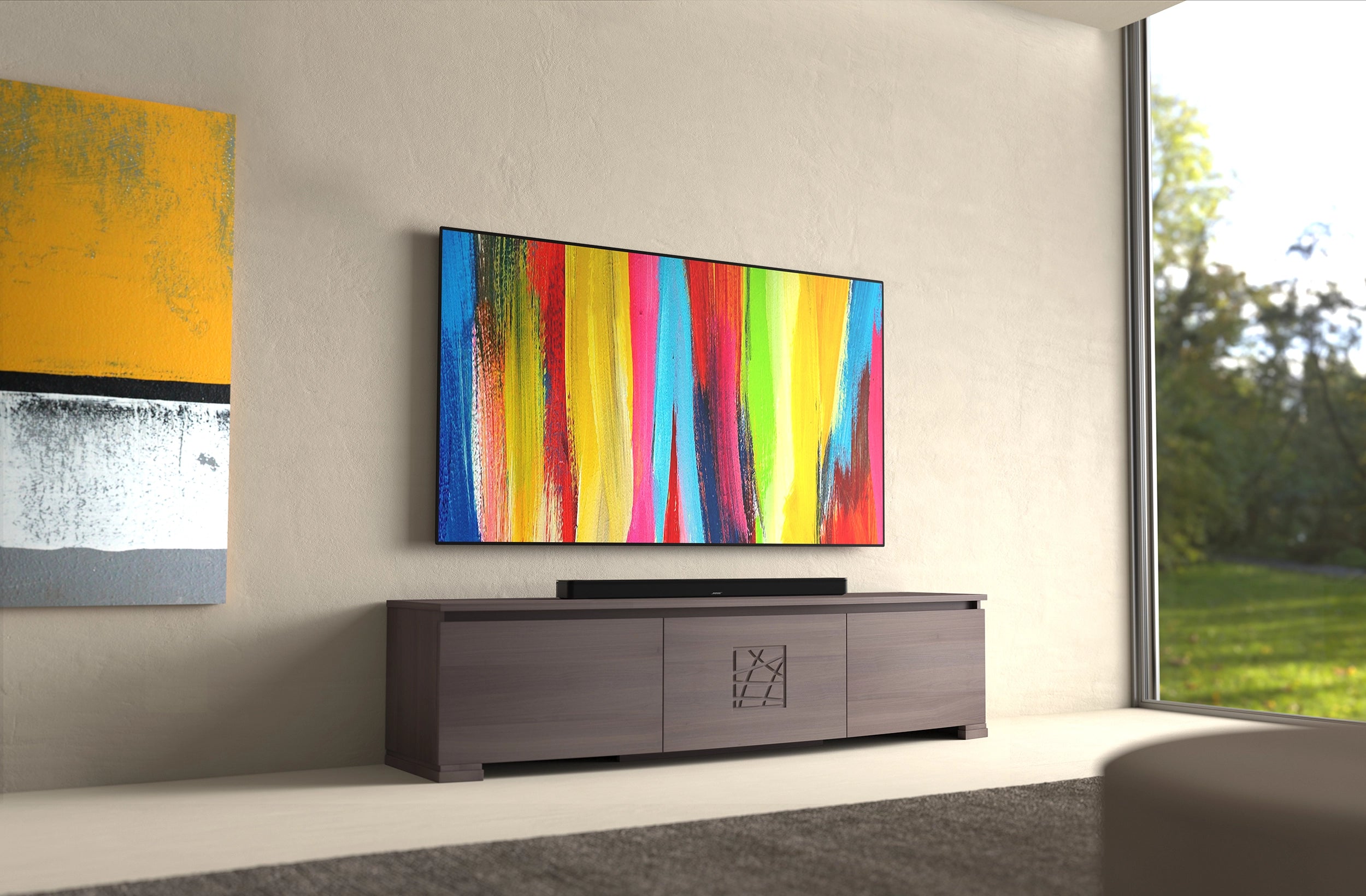 Mobile TV moderno sagomato in legno di noce L 198 cm collezione Modigliani Piombini 8206F LG OLED 77 Bose Smart Soundbar 900 c