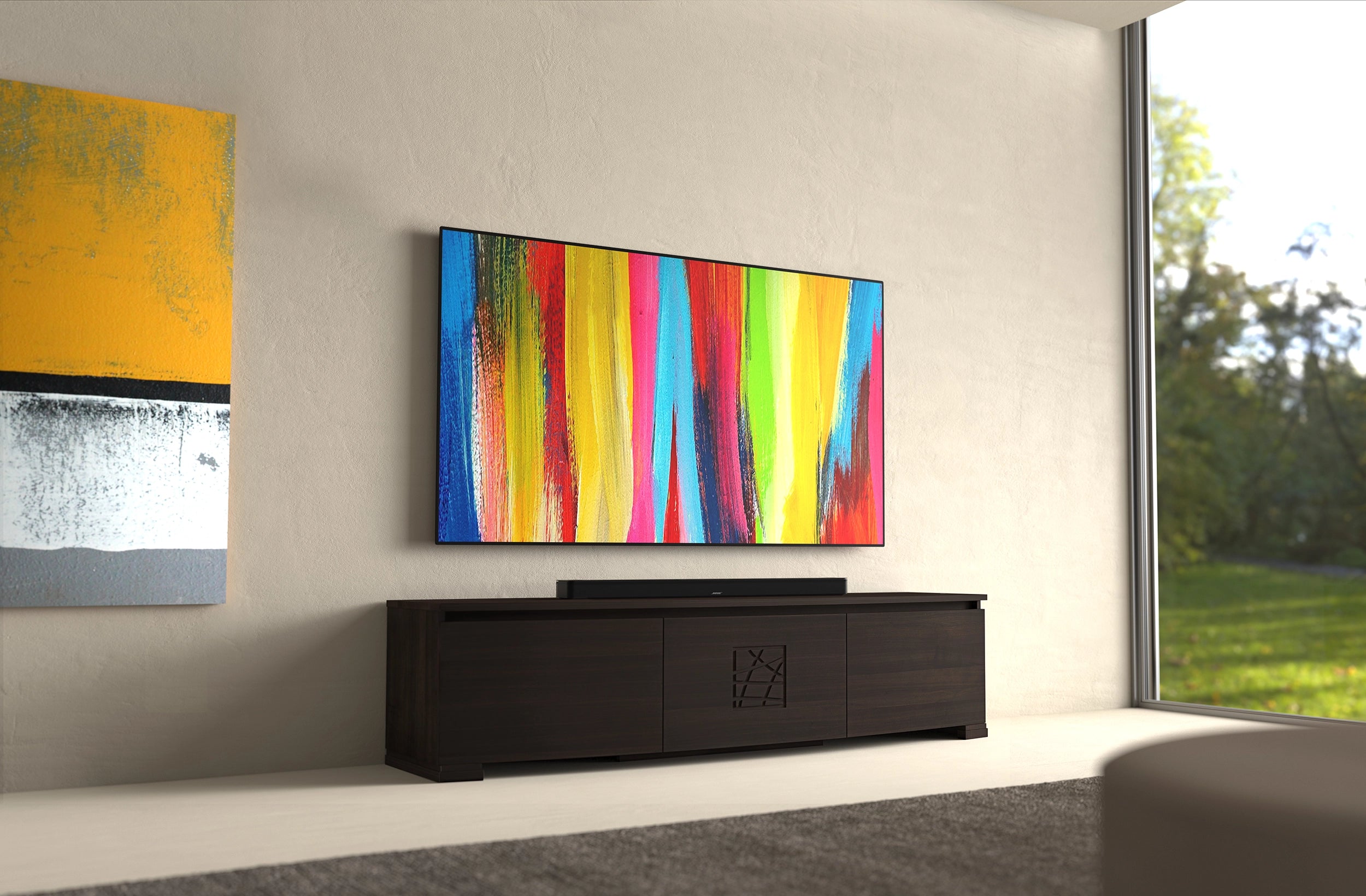 Mobile TV moderno sagomato in legno di noce L 198 cm collezione Modigliani Piombini 8206F LG OLED 77 Bose Smart Soundbar 900 m