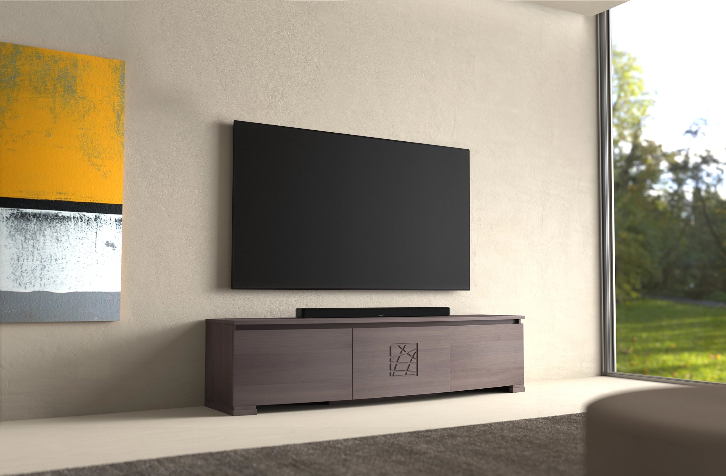 Mobile TV moderno sagomato in legno di noce L 198 cm collezione Modigliani Piombini 8206F LG OLED 77 Bose Smart Soundbar 900 spemto c