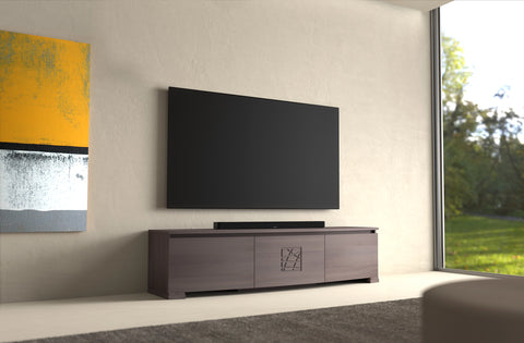 Mobile TV moderno sagomato in legno di noce L 198 cm collezione Modigliani Piombini 8206F LG OLED 77 Bose Smart Soundbar 900 spemto c