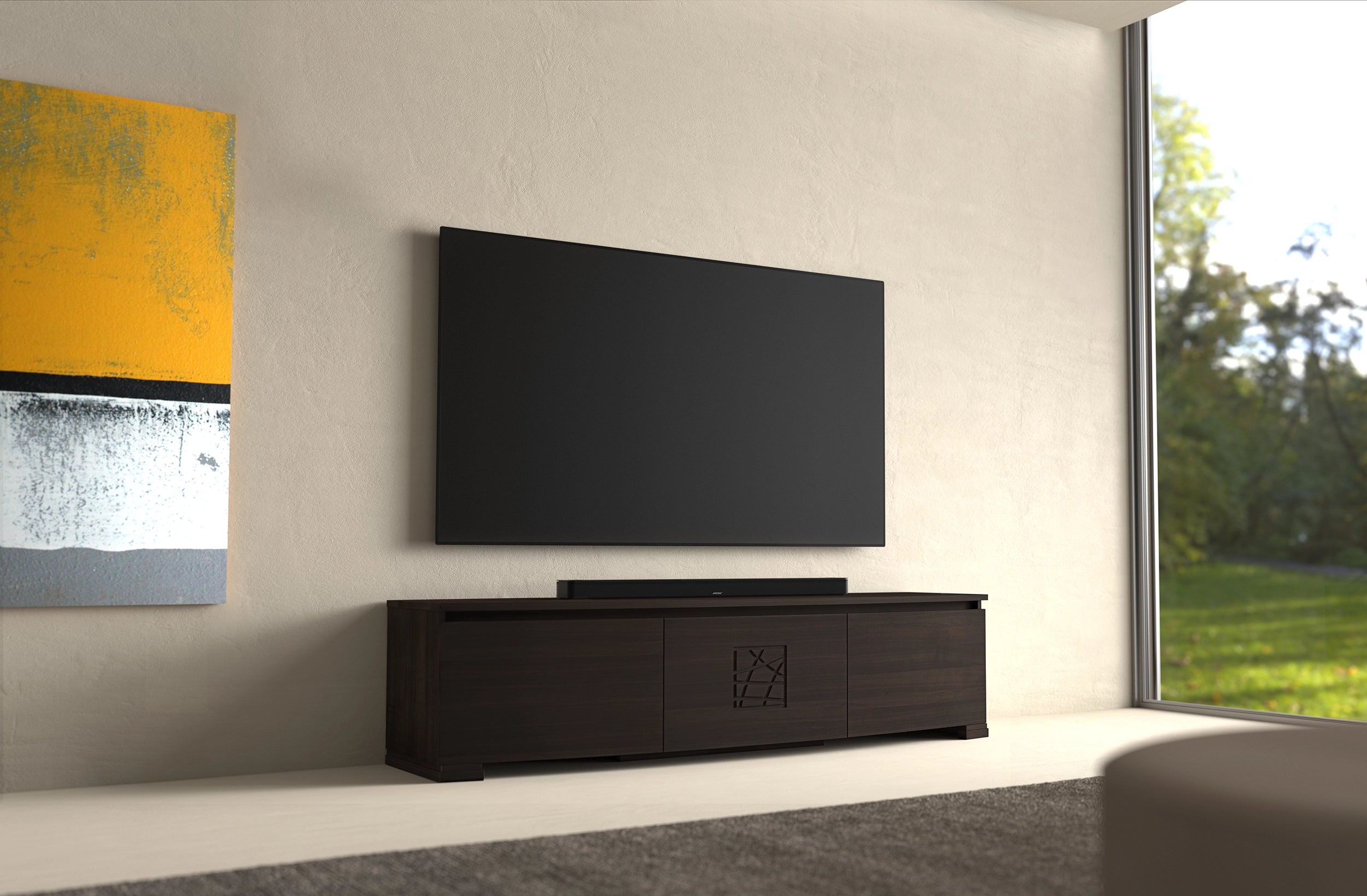 Mobile TV moderno sagomato in legno di noce L 198 cm collezione Modigliani Piombini 8206F LG OLED 77 Bose Smart Soundbar 900 spento m