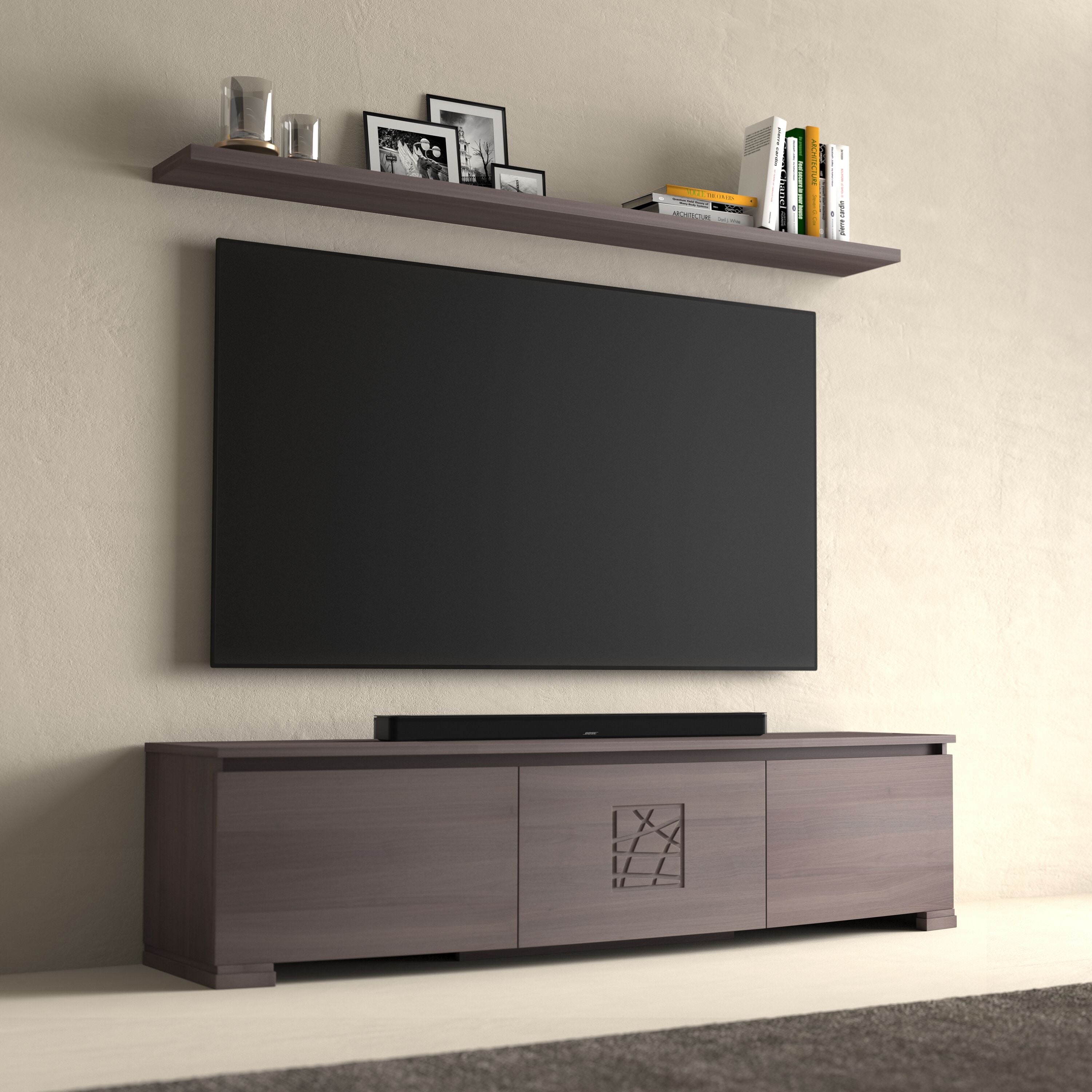 Mobile TV moderno sagomato legno noce cenere con mensole collezione Modigliani Piombini Mobili Classici Italiani tv 77" spenta 8206F