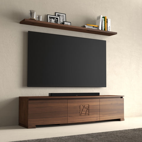 Mobile TV moderno sagomato legno noce intenso con mensole collezione Modigliani Piombini Mobili Classici Italiani tv 77" spenta 8206F