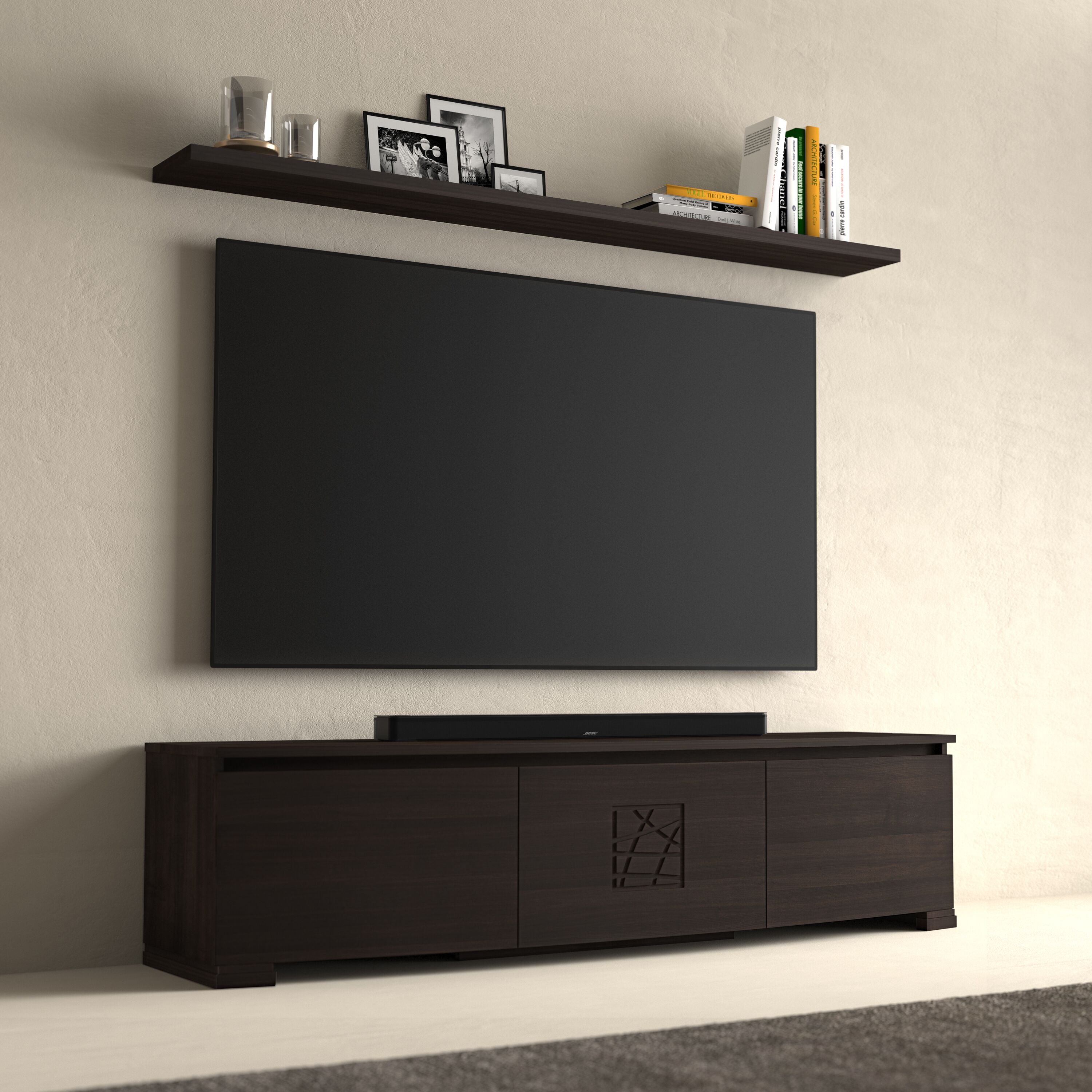 Mobile TV moderno sagomato legno noce moka con mensole collezione Modigliani Piombini Mobili Classici Italiani tv 77" spenta 8206F