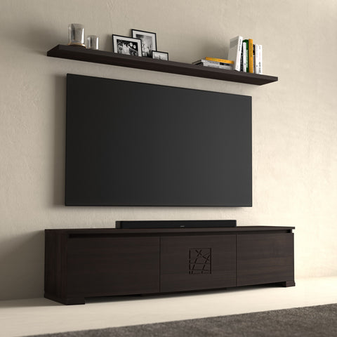 Mobile TV moderno sagomato legno noce moka con mensole collezione Modigliani Piombini Mobili Classici Italiani tv 77" spenta 8206F