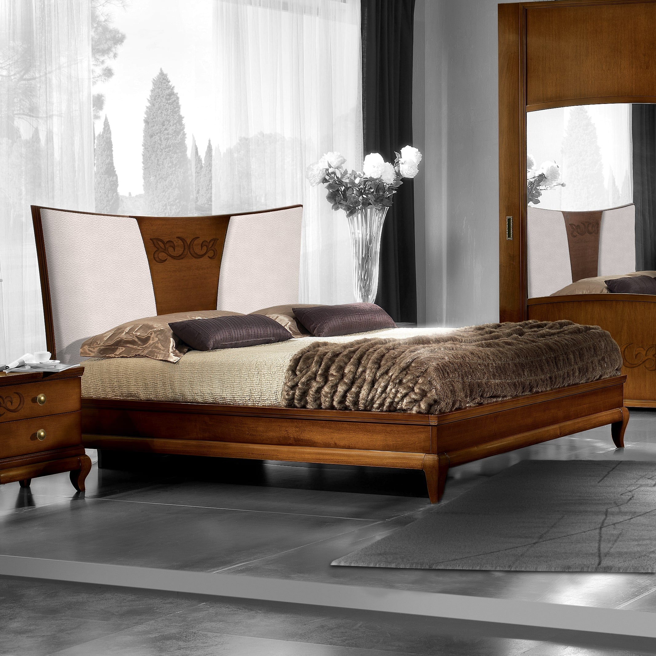 Classic Shaped Double Bed in Wood and Leather Arte D'Angiò Piombini