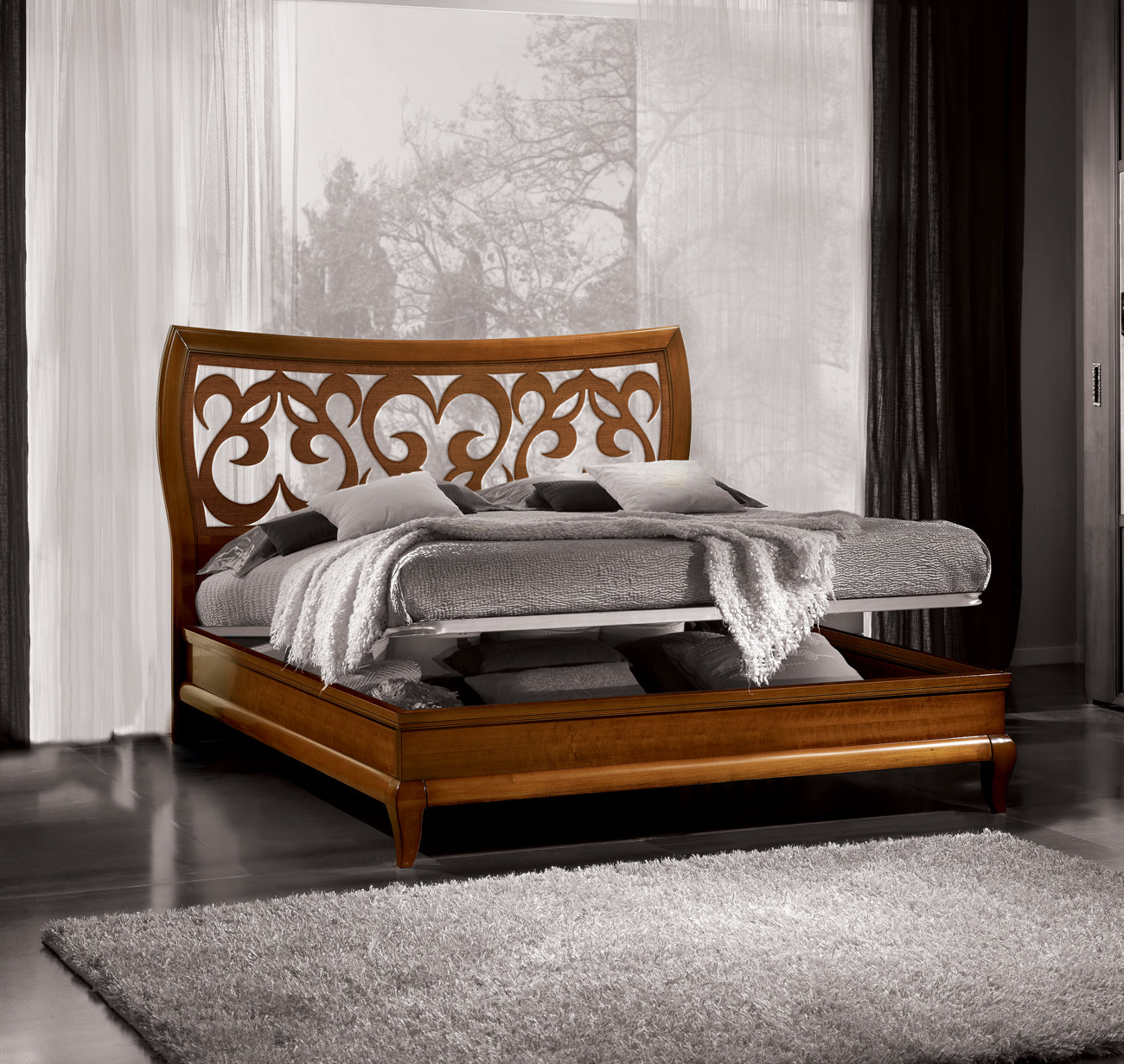 Letto matrimoniale classico Visconti con box contenitore e testata traforata in legno