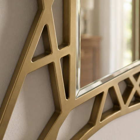 Dettaglio della specchiera traforata Visconti P4157 in finitura bronzo, con cornice geometrica e bordo dello specchio bisellato.