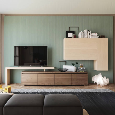 Parete attrezzata contemporanea Modigliani Piombini con base TV sagomata in legno di noce, mensolone porta TV e pensili sospesi in frassino naturale COMP13