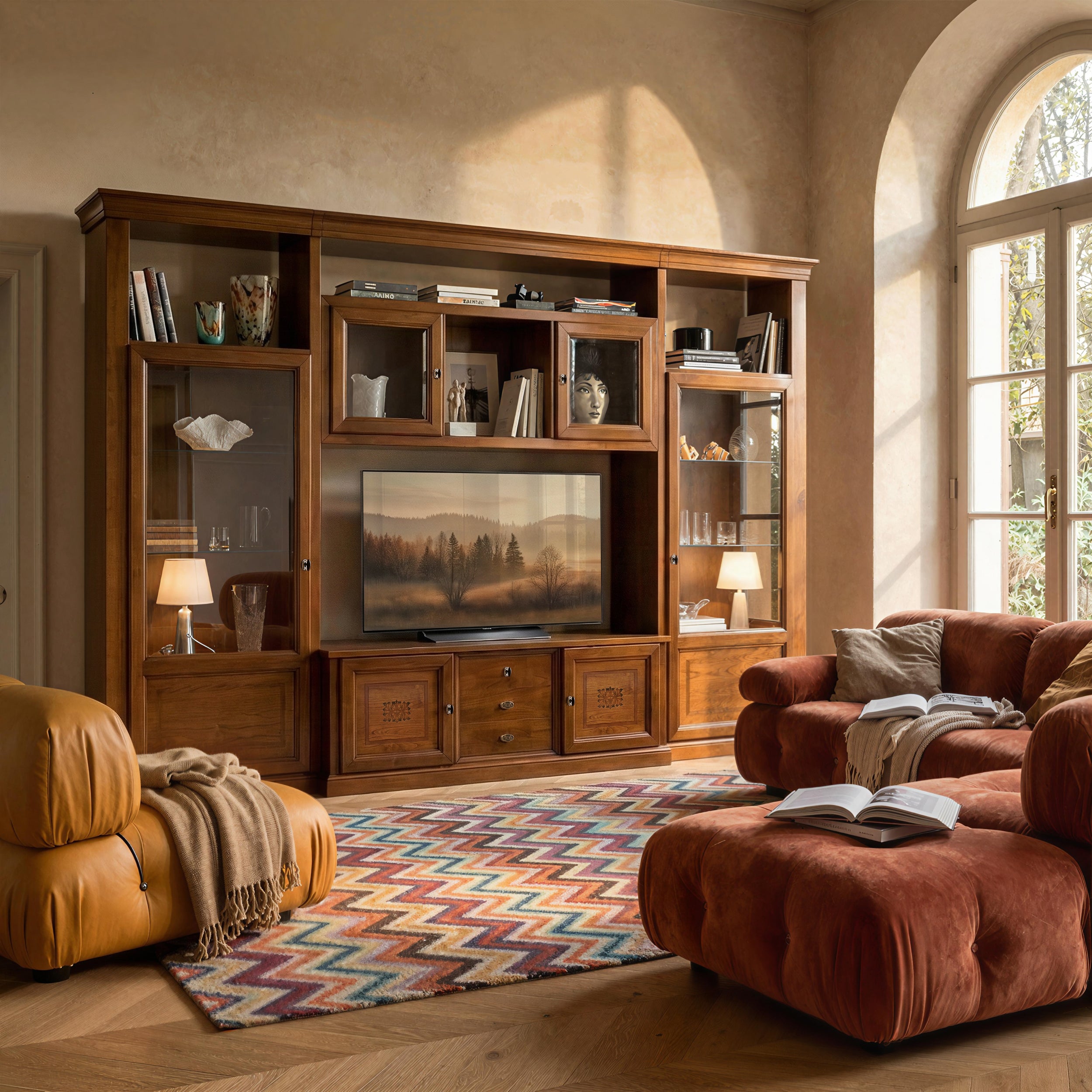 Parete Soggiorno Classica Legno di Ciliegio con Intarsio Piombini Mobili Artigianali Italiani 8865P Centenario Storia Mobili Design Passione Artigianale