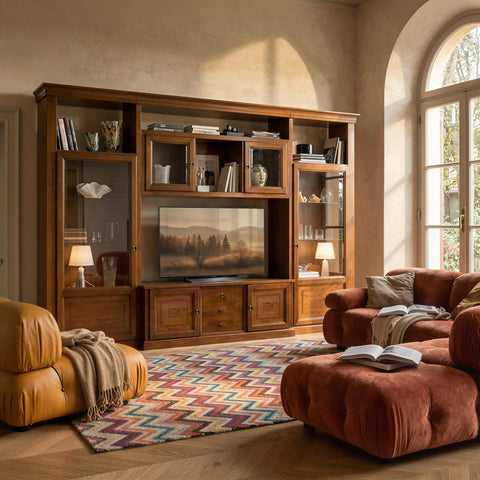 Parete Soggiorno Classica Legno di Ciliegio con Intarsio Piombini Mobili Artigianali Italiani 8865P Centenario Storia Mobili Design Passione Artigianale