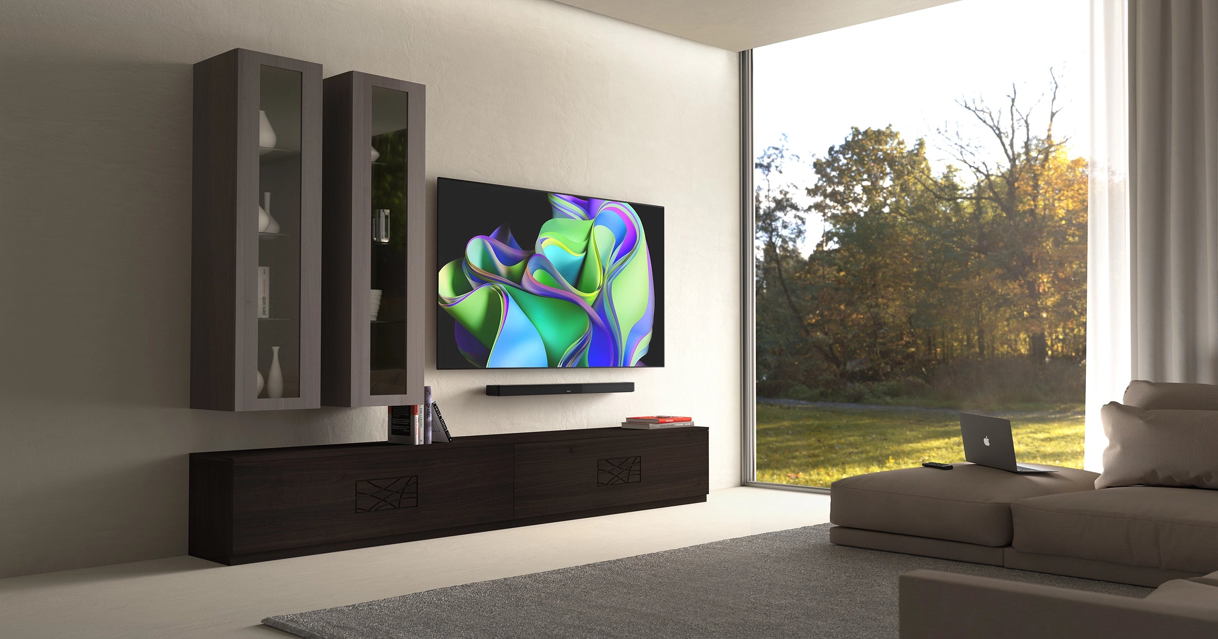 Parete mobile soggiorno moderno in legno di noce con decoro collezione Modigliani Piombini da L 300 a L340 cm Moka 106 e Cenere 103 TV OLED evo Serie C3 77'' OLED77C24LA Bose Smart Soundbar 900 300 Comp12