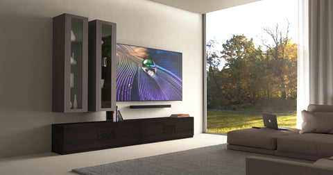 Parete mobile soggiorno moderno in legno di noce con decoro collezione Modigliani Piombini da L 300 a L340 cm Moka 106 e Cenere 103 TV Sony Bravia 83'' XR83A90J Bose Smart Soundbar 900 200 Comp12
