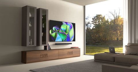 Parete mobile soggiorno moderno in legno di noce con decoro collezione Modigliani Piombini da L 300 a L340 cm Noce 100 Cenere 103 TV OLED evo Serie C3 77'' OLED77C24LA Bose Smart Soundbar 900 500 Comp12