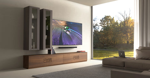 Parete mobile soggiorno moderno in legno di noce con decoro collezione Modigliani Piombini da L 300 a L340 cm Noce 100 Cenere 103 TV Sony Bravia 83'' XR83A90J Bose Smart Soundbar 900 600 Comp12