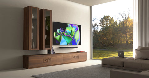 Parete mobile soggiorno moderno in legno di noce con decoro collezione Modigliani Piombini da L 300 a L340 cm Noce 100 TV OLED evo Serie C3 77'' OLED77C24LA Bose Smart Soundbar 900 100 Comp12