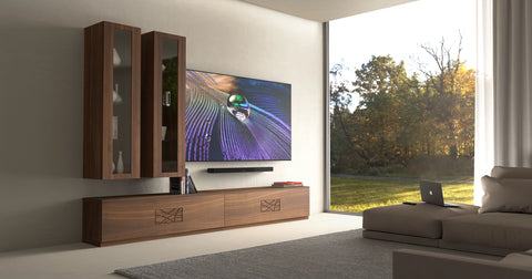 Parete mobile soggiorno moderno in legno di noce con decoro collezione Modigliani Piombini da L 300 a L340 cm Noce 100 TV Sony Bravia 83'' XR83A90J Bose Smart Soundbar 900 400 Comp12