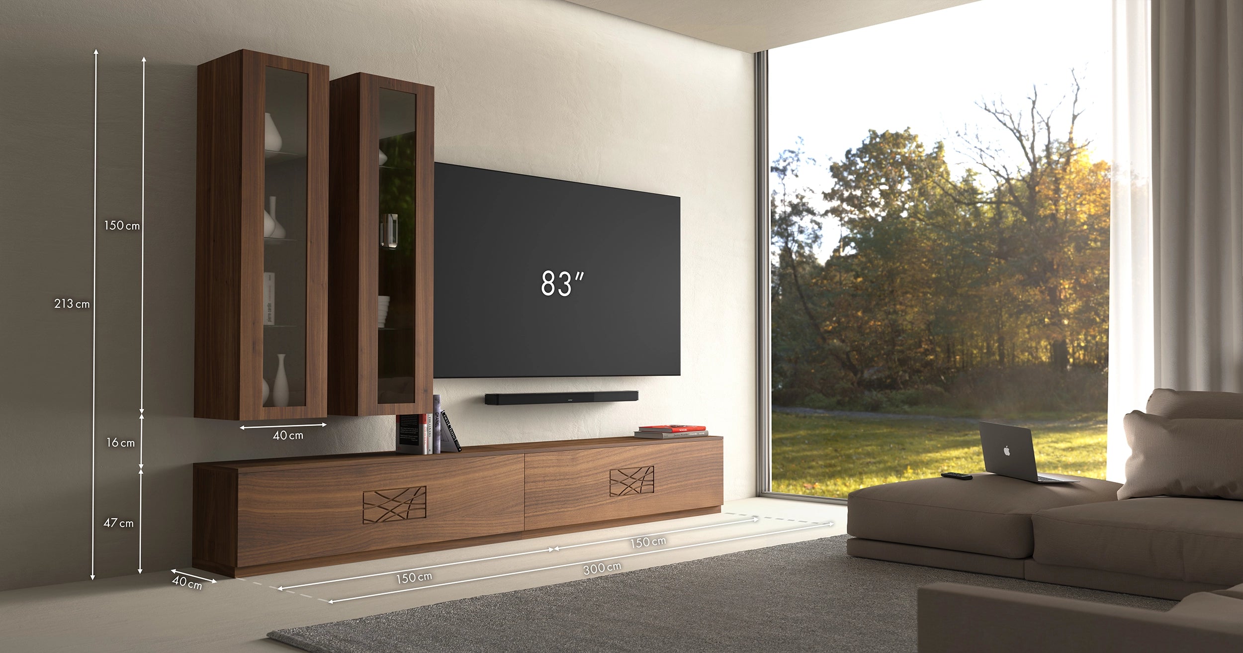 Parete mobile soggiorno moderno in legno di noce con decoro collezione Modigliani Piombini da L 300 a L340 cm Noce 100 TV Sony Bravia 83'' XR83A90J Bose Smart Soundbar 900 401 Comp12