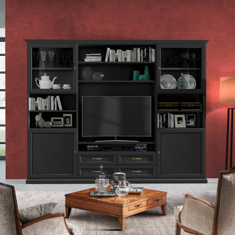 Parete soggiorno classica Tiziano RH6226 nella finitura Nero Consumato, con ante intarsiate, vetrine laterali, vano porta TV centrale e ampi cassetti contenitori. Mobile artigianale Piombini che unisce il fascino del design classico all'eleganza degli ambienti contemporanei.