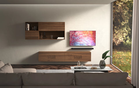 Parete mobile soggiorno moderno sospeso in legno di noce collezione Modigliani Piombini L 300 cm NOCE 100 COMP09 Neo Qled 55 QN90B Bose Smart Soudbar 900 20