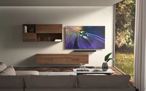 Parete mobile soggiorno moderno sospeso in legno di noce collezione Modigliani Piombini L 300 cm NOCE 100 COMP09 Sony Bravia 83 XR83A90J Bose Smart Soudbar 900 12