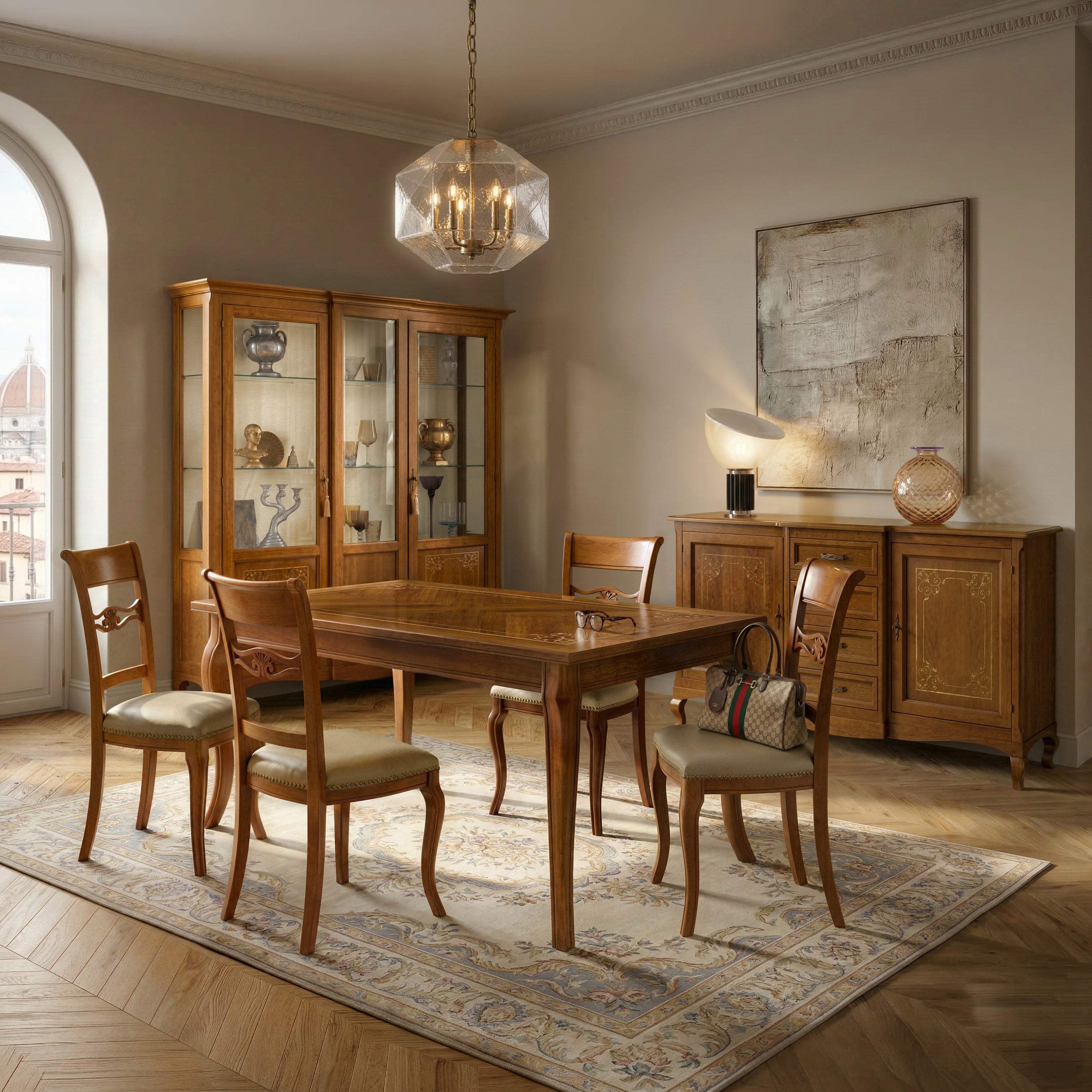 Sala da pranzo classica completa Tiziano Piombini con tavolo allungabile intarsiato, credenza, vetrina e sedie imbottite in vera pelle