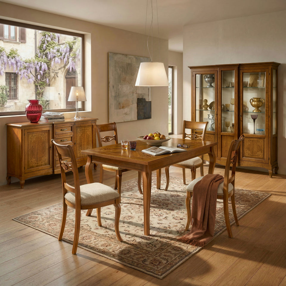 Comedor clásico completo Tiziano Piombini con mesa extensible con marquetería, aparador y vitrina de madera y sillas tapizadas en tela