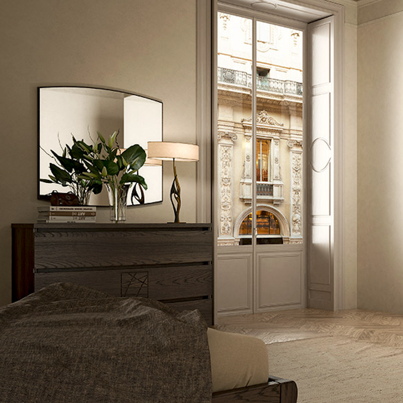 Современная лакированная спальня с двуспальной кроватью, выполненная из орехового дерева Коллекция Modigliani Piombini