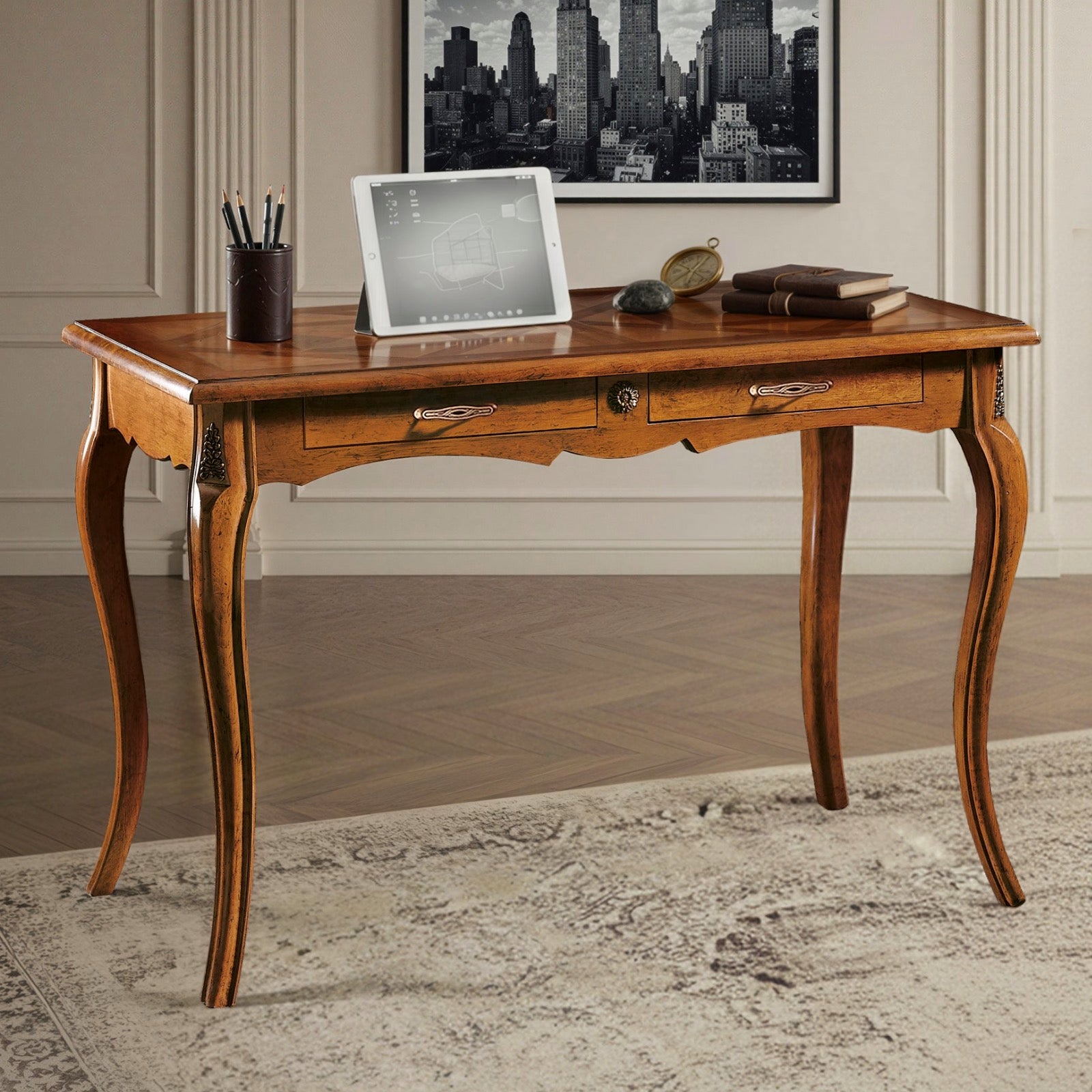 Classic Titian Study with Parquet Desk, Capitonné Armchair and Inlaid Bookcase