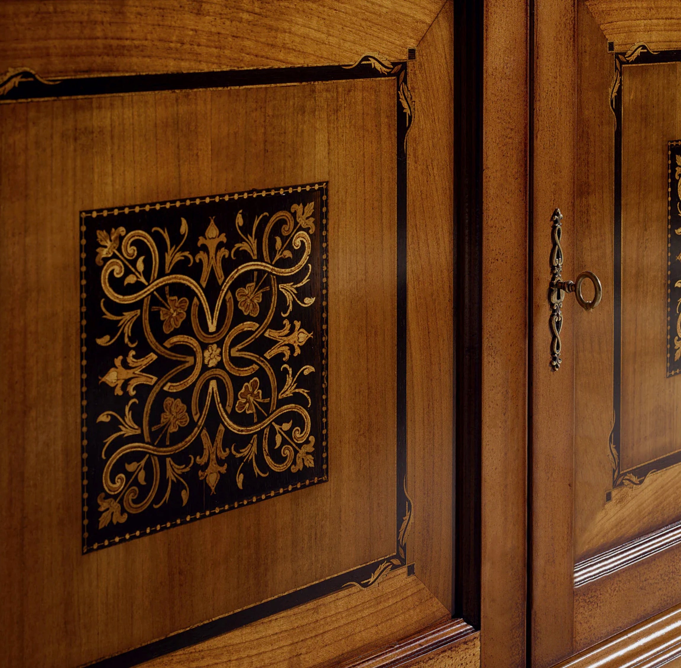 Classic Titian Study with Parquet Desk, Capitonné Armchair and Inlaid Bookcase