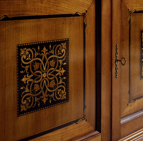 Classic Titian Study with Parquet Desk, Capitonné Armchair and Inlaid Bookcase